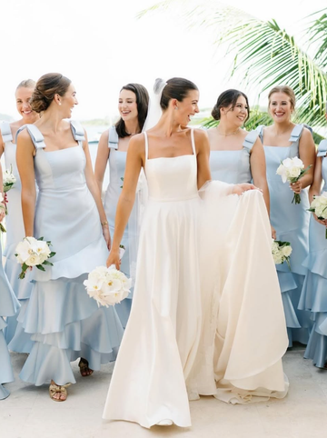 Baby Blue Mermaid Straps Tiered Satin Prom Dress Bridesmaid Dress HZ1023